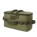 Army green camp kitchen bag closed, with carry handles and a patch panel on the front