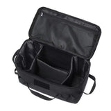 Black camp kitchen bag open with the dividers in place and the mesh pocket in the lid