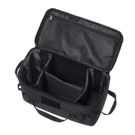 Black camp kitchen bag open with the dividers in place and the mesh pocket in the lid