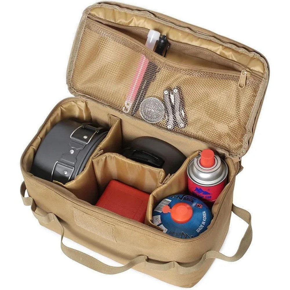 Khaki camp kitchen bag open, holding a pot set, gas canisters, a stove case and cutlery in the lid pocket