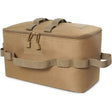 Khaki camp kitchen bag closed, with carry handles and webbing straps round the sides