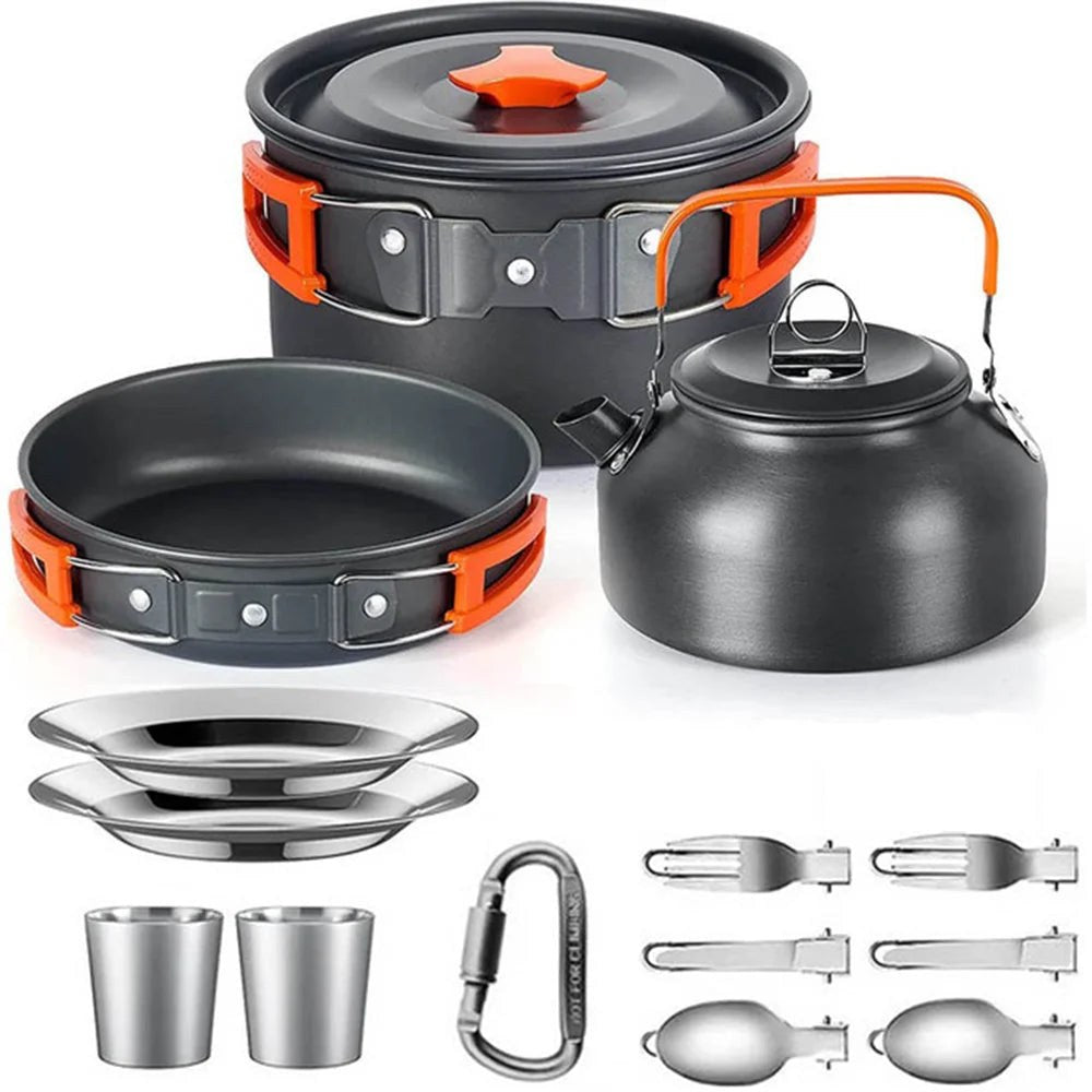 Two person camping cook kit: pot, pan, kettle, two steel plates, two steel cups, two folding cutlery sets and a carabiner