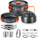 Two person camping cook kit: pot, pan, kettle, two steel plates, two steel cups, two folding cutlery sets and a carabiner