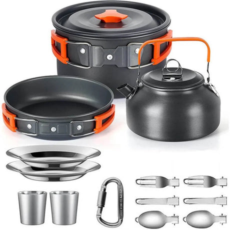 Two person camping cook kit: pot, pan, kettle, two steel plates, two steel cups, two folding cutlery sets and a carabiner
