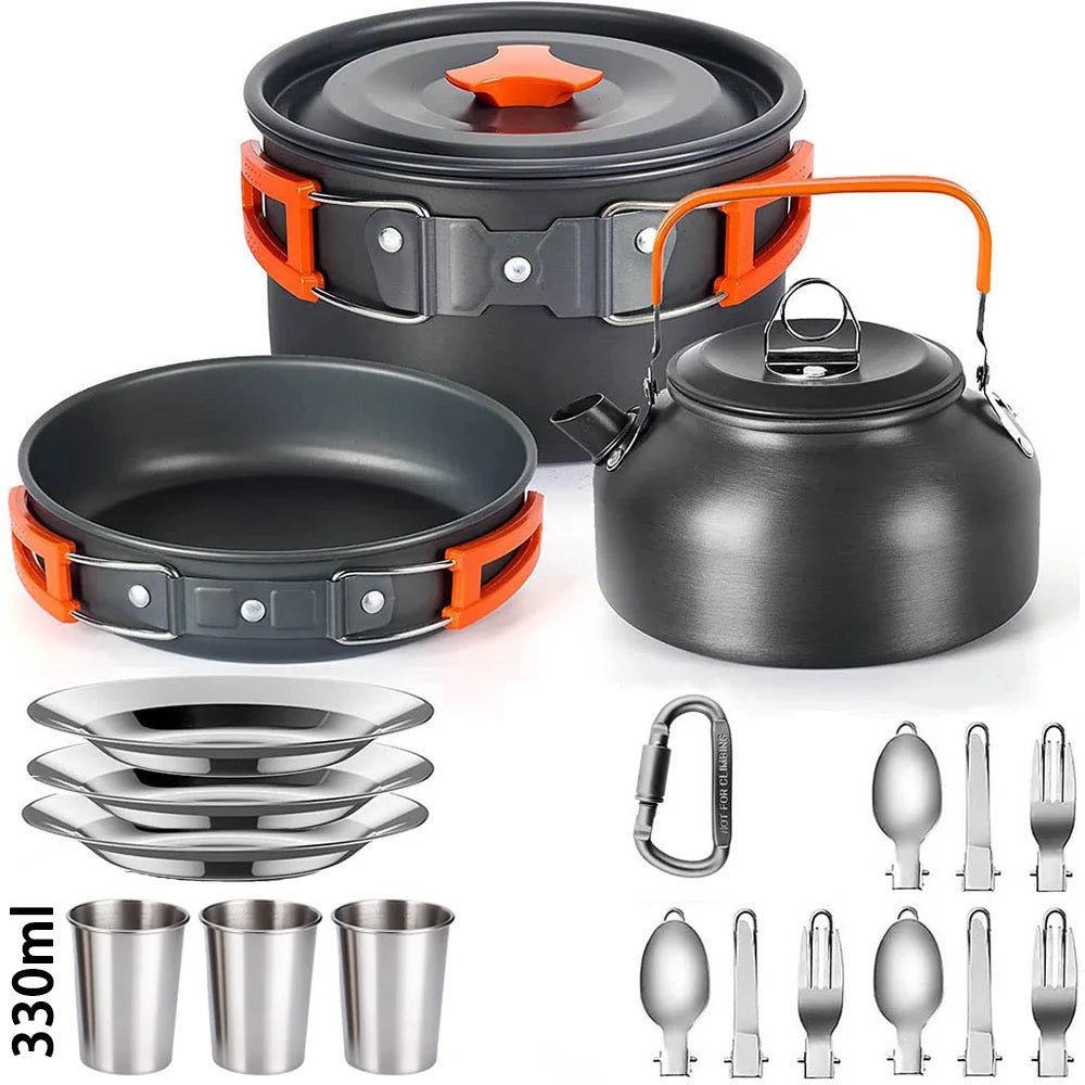 Three person camping cook kit: pot, pan, kettle, three steel plates, three 330 ml steel cups, folding cutlery and a carabiner