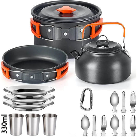 Three person camping cook kit: pot, pan, kettle, three steel plates, three 330 ml steel cups, folding cutlery and a carabiner