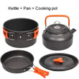 Camping pot with lid, frying pan and kettle in grey aluminium with orange handles