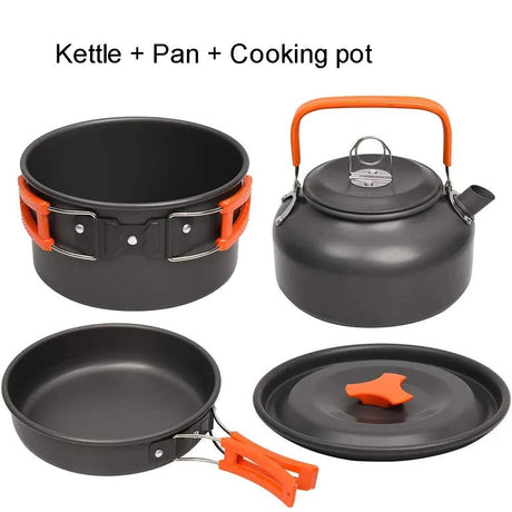 Camping pot with lid, frying pan and kettle in grey aluminium with orange handles