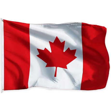 Canadian flag in printed polyester: red maple leaf on white; white header strip with metal eyelets at left