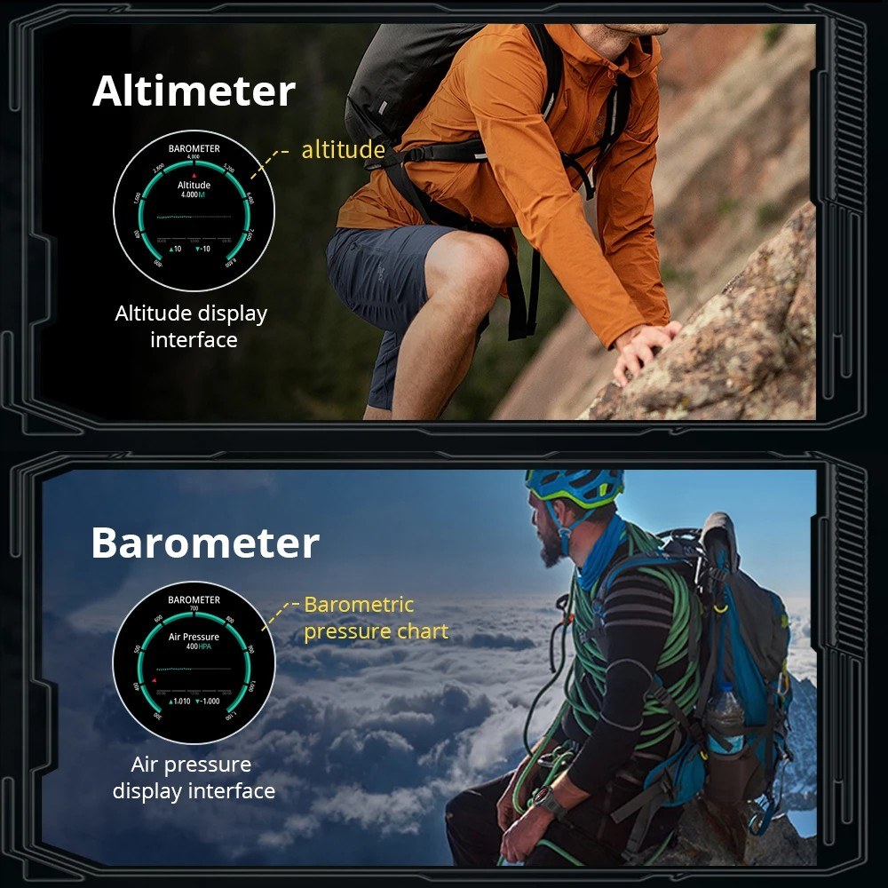 COLMI V76 altimeter and barometer screens shown beside a climber and a hiker