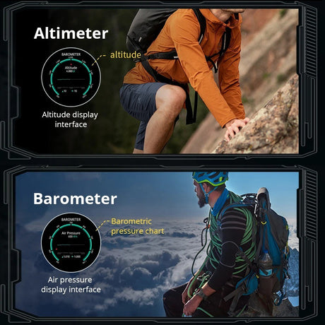 COLMI V76 altimeter and barometer screens shown beside a climber and a hiker