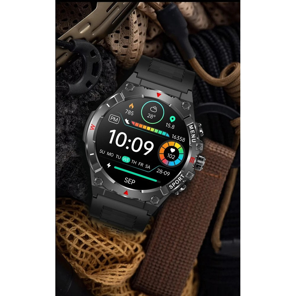 Black COLMI V76 watch resting on webbing, cord and mesh outdoor gear