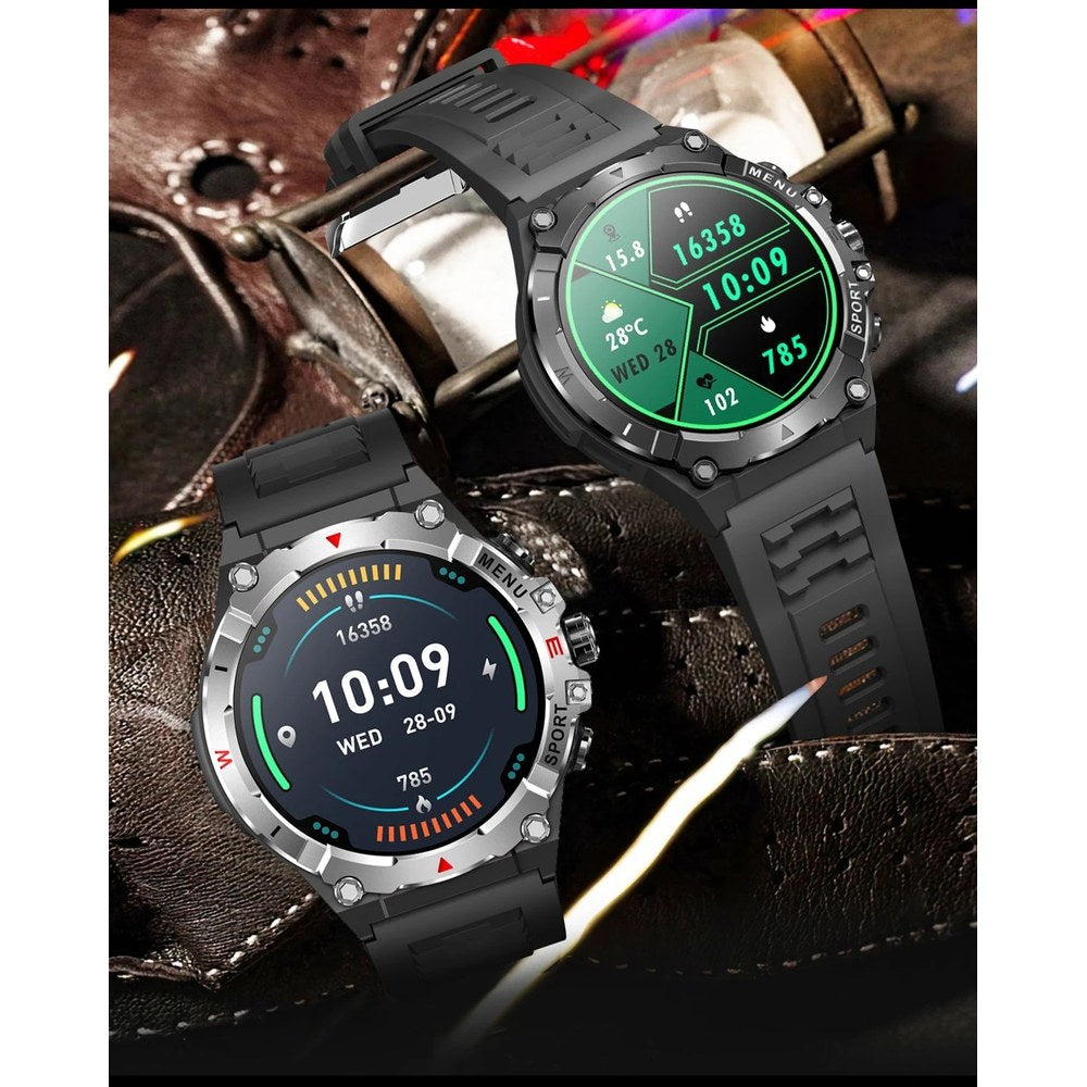 Silver-bezel and black-bezel COLMI V76 watches lying on brown leather