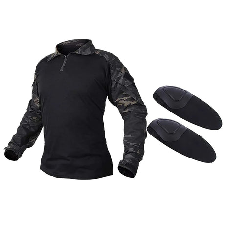 Black camouflage combat-cut shirt with a black knit body and camouflage sleeves, beside its two elbow pads