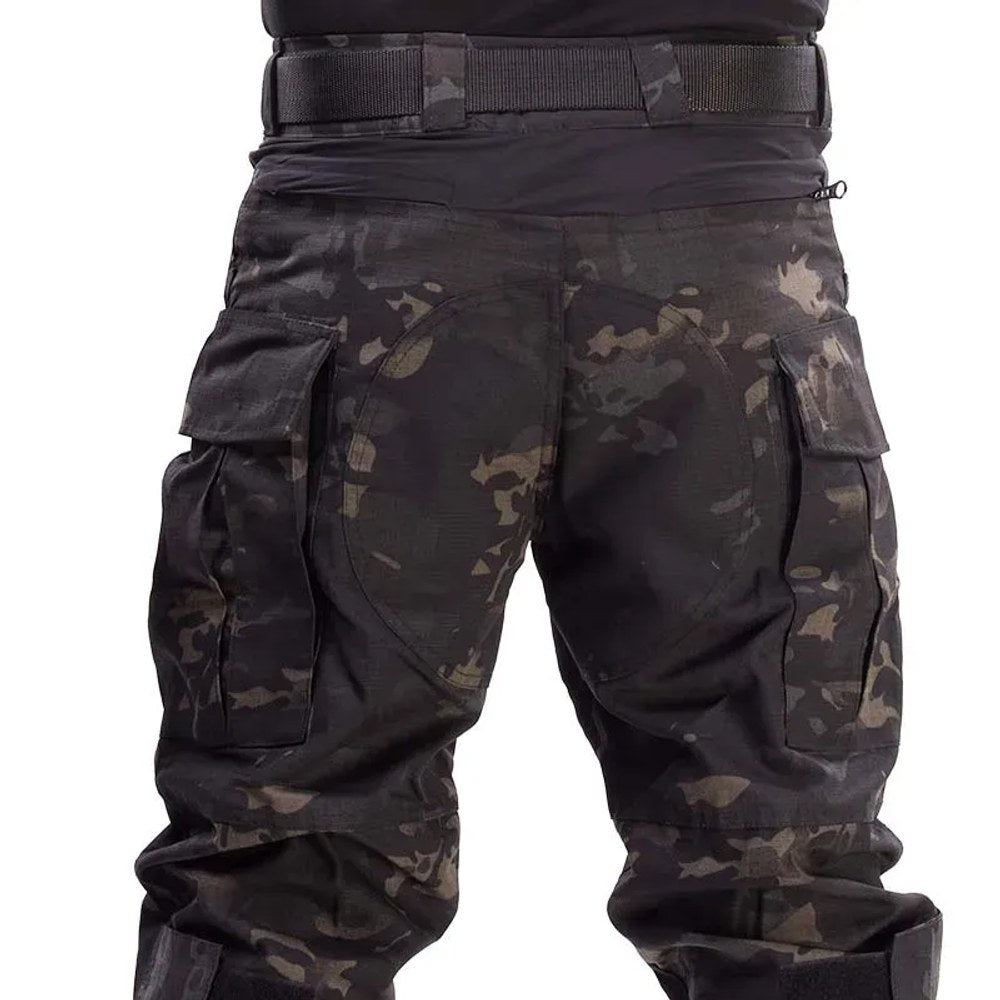 Back of the black camouflage combat-cut trousers, showing the seat panel and rear pockets