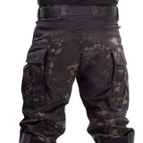 Back of the black camouflage combat-cut trousers, showing the seat panel and rear pockets