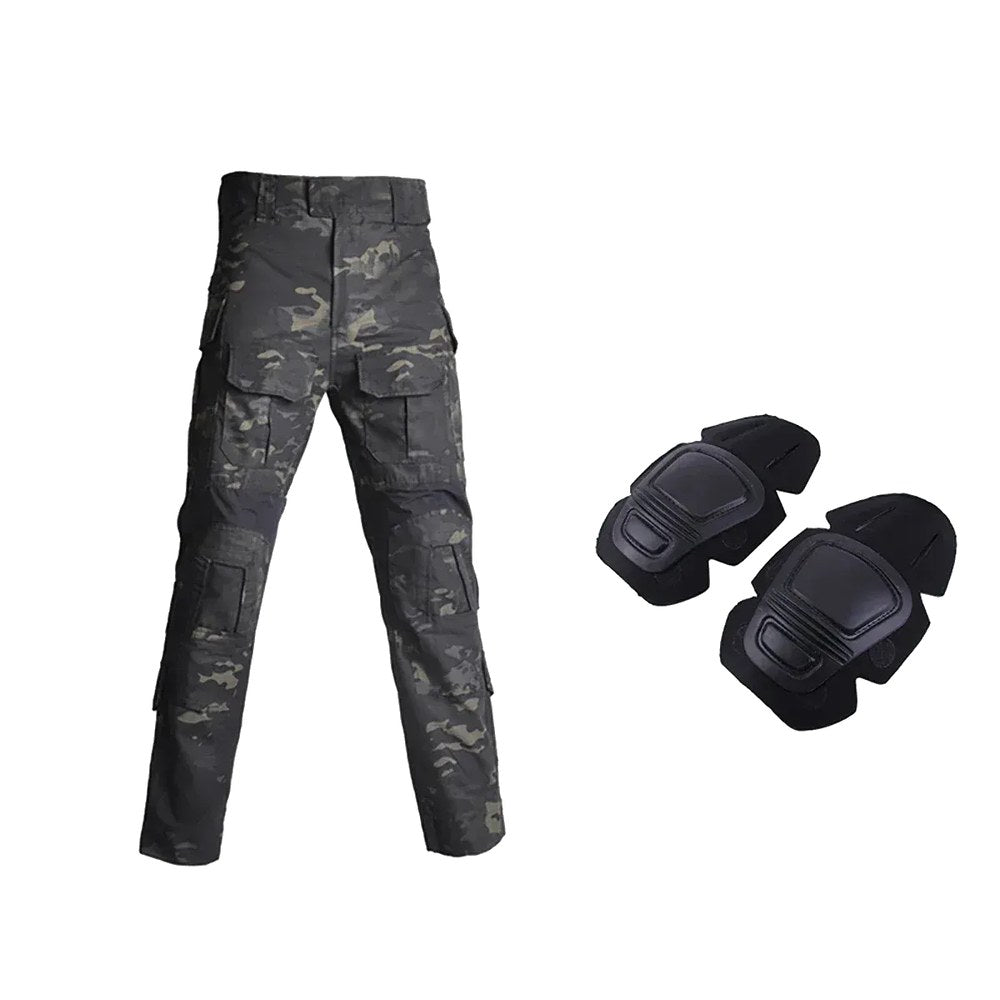Black camouflage combat-cut trousers beside two black knee pads