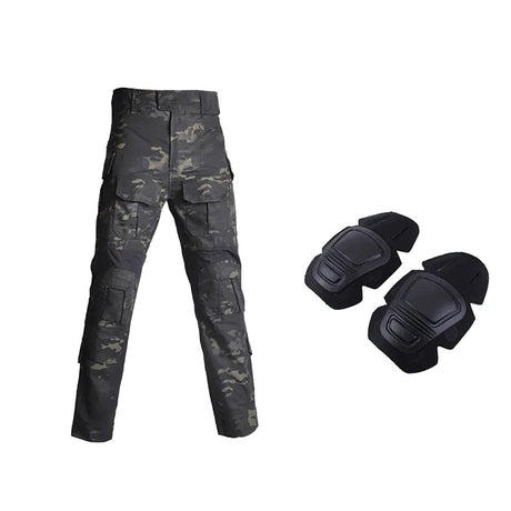 Black camouflage combat-cut trousers beside two black knee pads