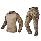CP camouflage combat-cut shirt and trousers side by side, knee pads fitted in the trousers