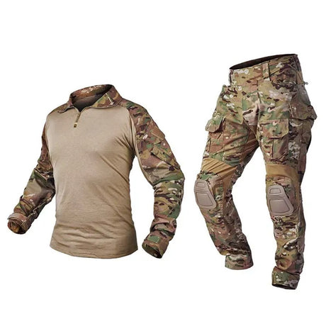 CP camouflage combat-cut shirt and trousers side by side, knee pads fitted in the trousers