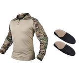 CP camouflage combat-cut shirt with a tan knit body and camouflage sleeves, beside its two elbow pads