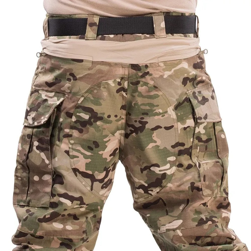 Back of the CP camouflage combat-cut trousers, showing the stretch waist panel and seat reinforcement