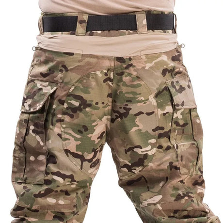 Back of the CP camouflage combat-cut trousers, showing the stretch waist panel and seat reinforcement