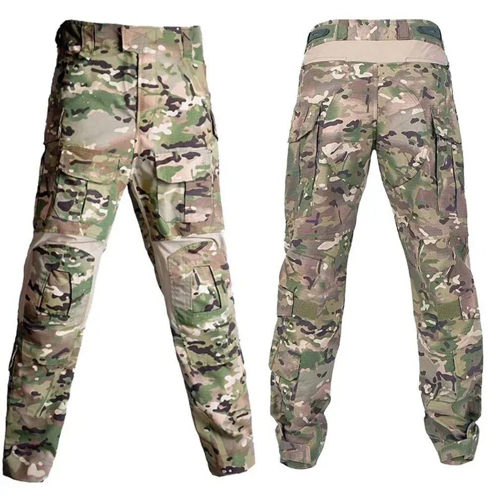 CP camouflage combat-cut trousers, front and back views, showing the cargo pockets and knee panels