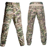 CP camouflage combat-cut trousers, front and back views, showing the cargo pockets and knee panels