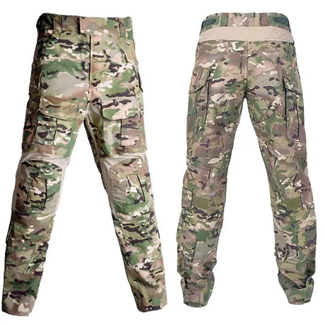 CP camouflage combat-cut trousers, front and back views, showing the cargo pockets and knee panels