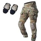 CP camouflage combat-cut trousers with knee pads fitted, beside two spare knee pads