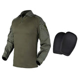 Olive green combat-cut shirt beside its two elbow pads