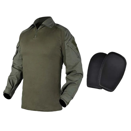 Olive green combat-cut shirt beside its two elbow pads