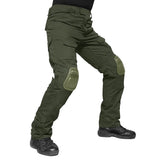 Olive green combat-cut trousers worn with the knee pads fitted
