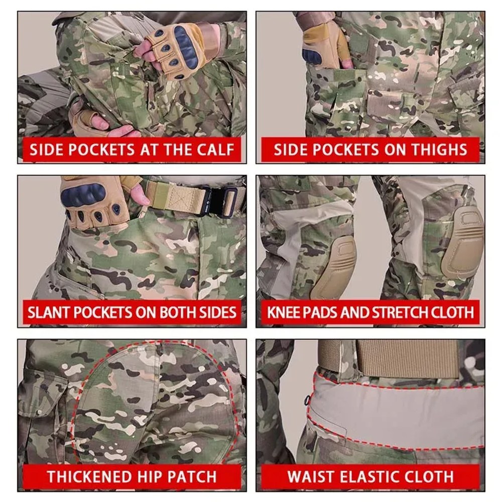 Six close-ups of the combat-cut trousers: calf pocket, thigh pocket, slant pockets, knee pad, hip patch and stretch waist panel