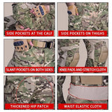 Six close-ups of the combat-cut trousers: calf pocket, thigh pocket, slant pockets, knee pad, hip patch and stretch waist panel