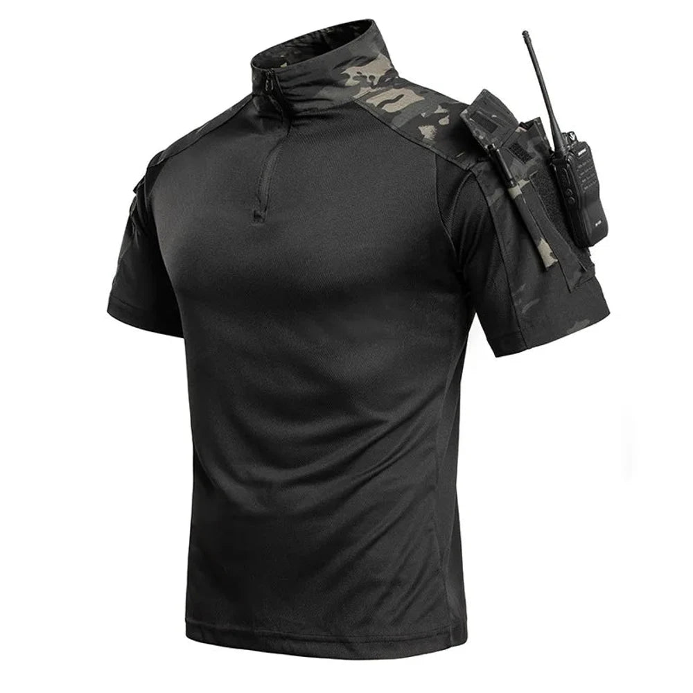 Short-sleeve combat shirt, black body with black camo shoulders, quarter zip