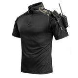 Short-sleeve combat shirt, black body with black camo shoulders, quarter zip