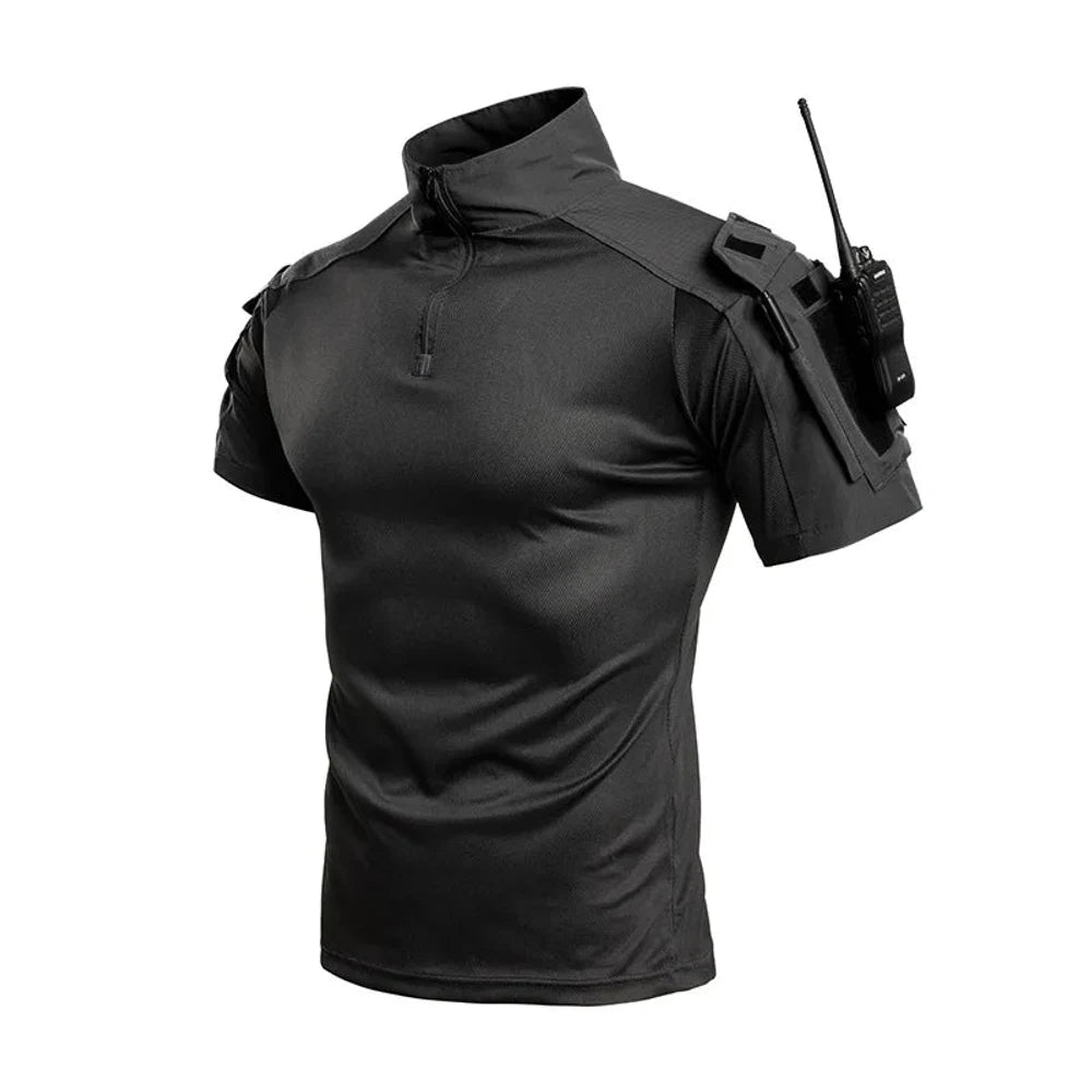 Short-sleeve combat shirt in plain black with quarter zip and sleeve pockets