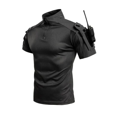 Short-sleeve combat shirt in plain black with quarter zip and sleeve pockets