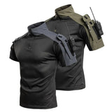 Two short-sleeve combat shirts with black mesh bodies, one with grey and one with olive green shoulders