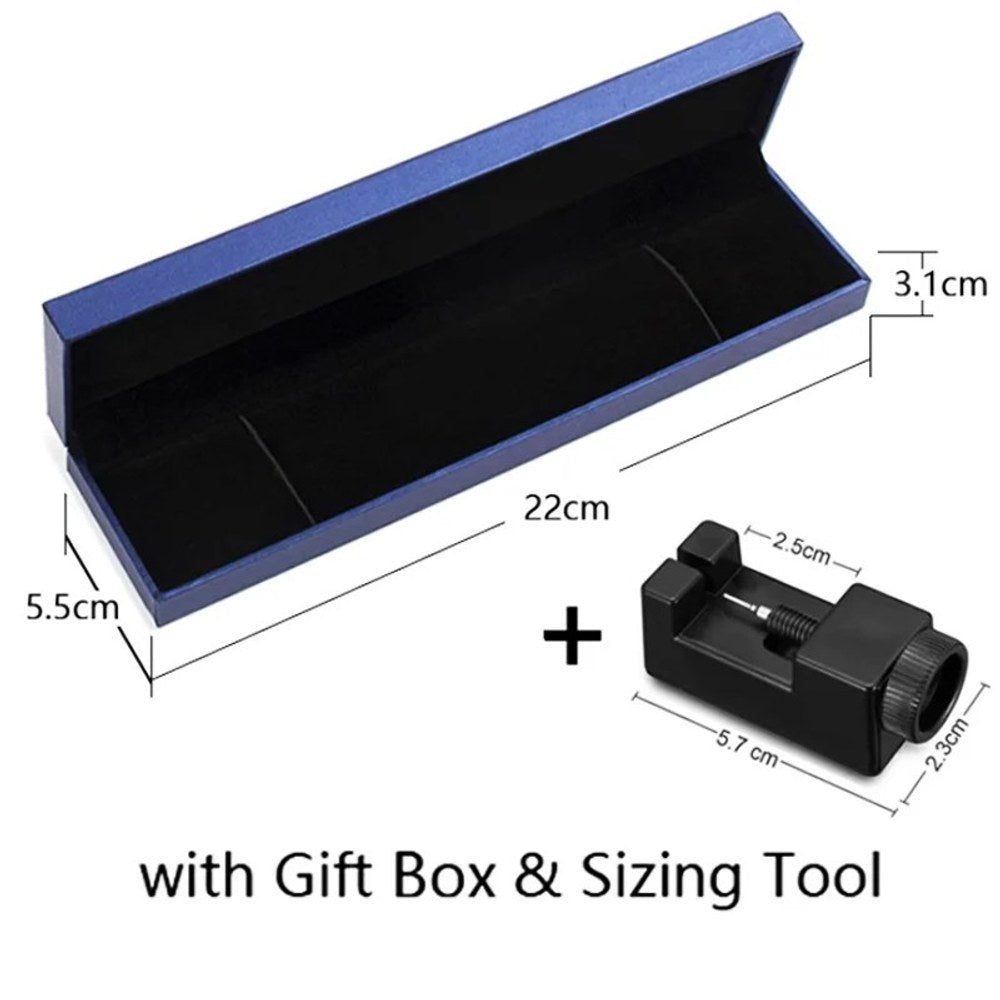 Blue gift box, 22 x 5.5 x 3.1 cm, and a black link pin tool for shortening the bracelet