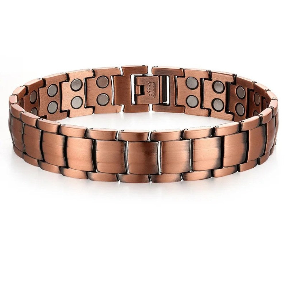 Men's copper link bracelet with brushed bar links and magnets in the inner face