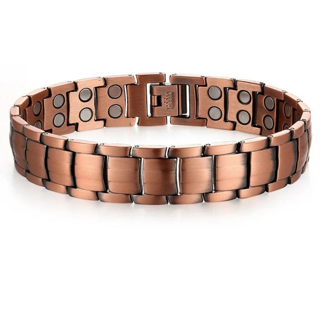 Men's copper link bracelet with brushed bar links and magnets in the inner face