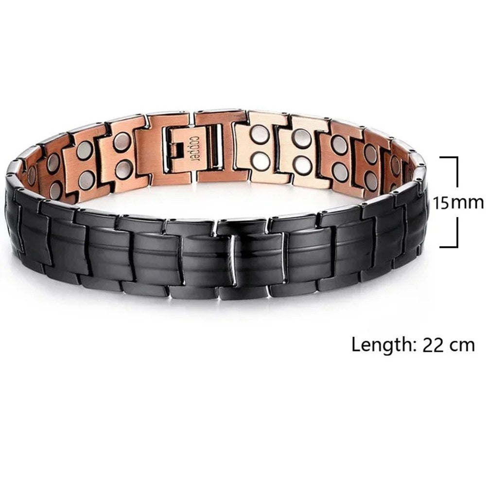 Men's copper link bracelet with a black outer face on bar links and copper inner face, width and length marked