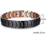 Men's copper link bracelet with a black outer face on bar links and copper inner face, width and length marked
