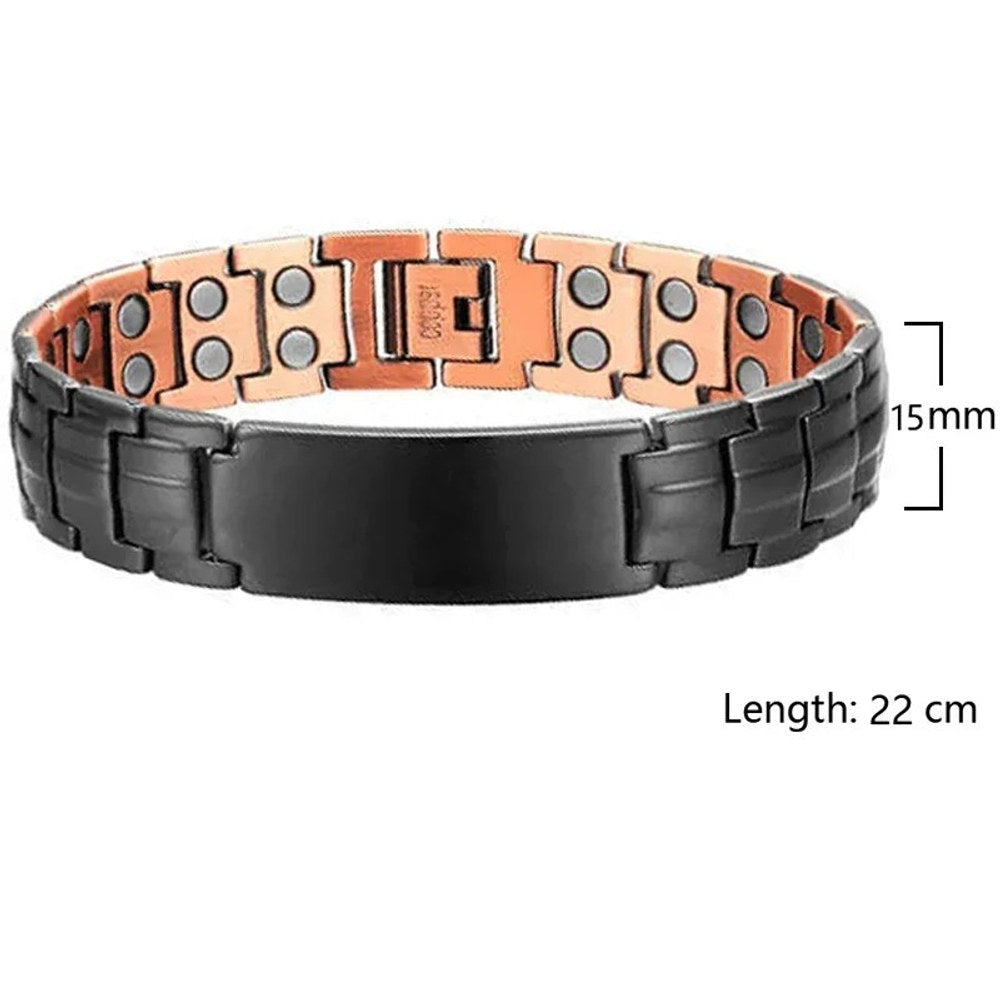 Men's copper link bracelet with a black centre plate and black outer links, width and length marked
