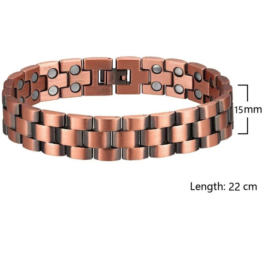 Men's copper link bracelet with staggered brick-style links, width and length marked