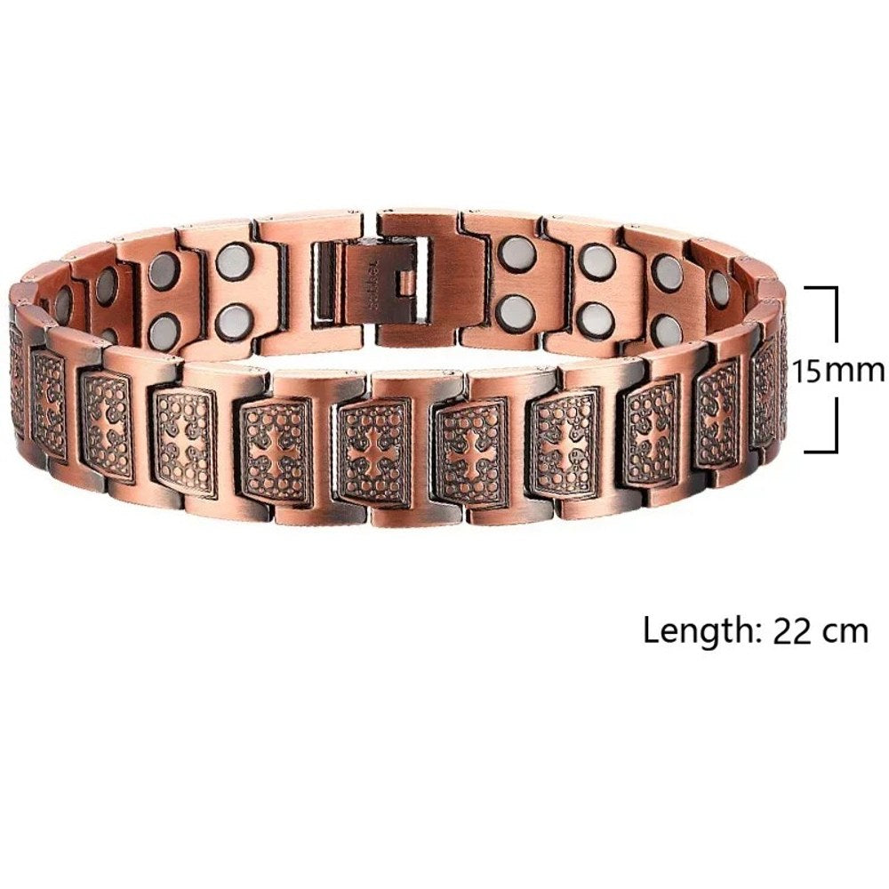 Men's copper link bracelet with engraved cross panels, width and length marked