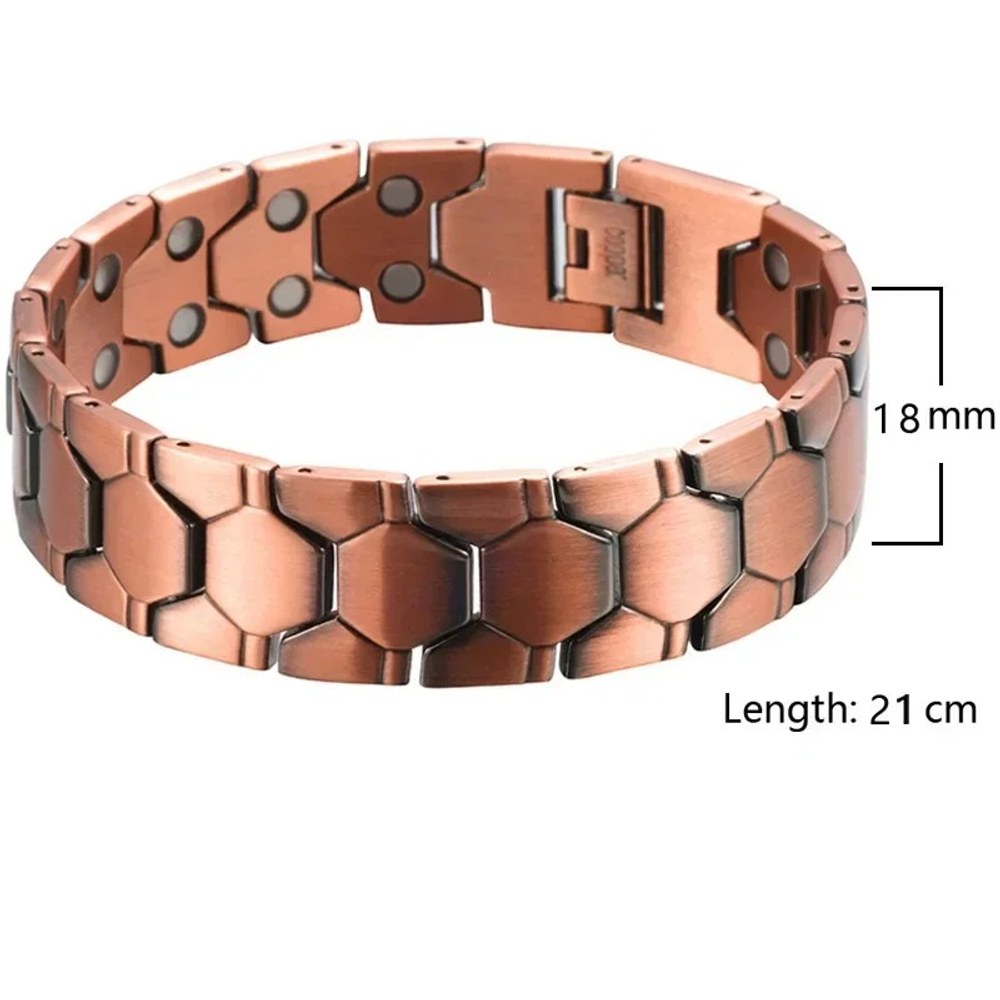 Men's copper link bracelet with a hexagon pattern, width and length marked
